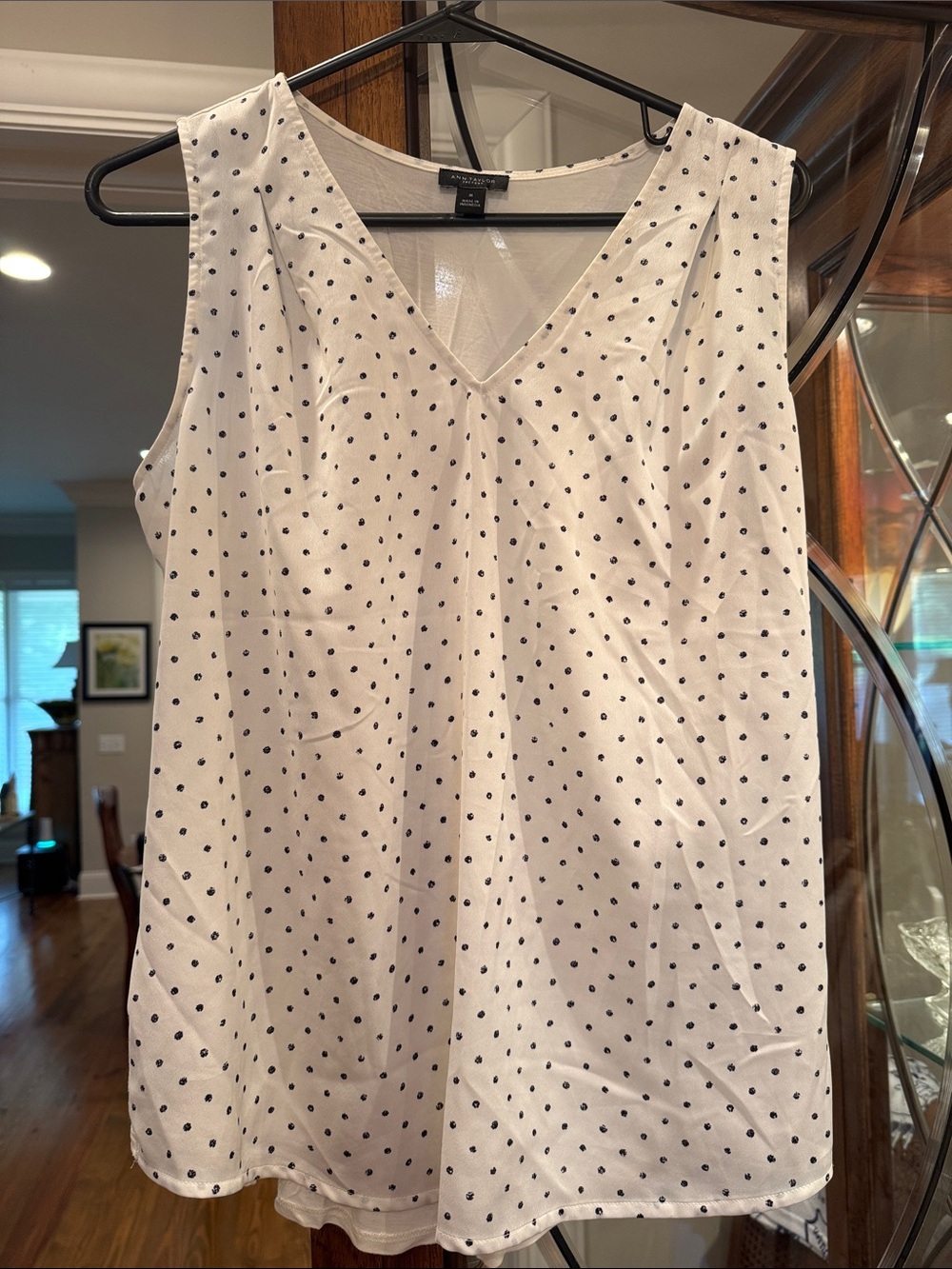 Ann Taylor White and black Polka Dot V-Neck Sleeveless Top